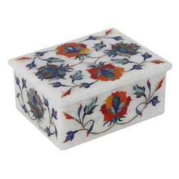 White Marble Jewellery Box Inlaid with Gemstones
