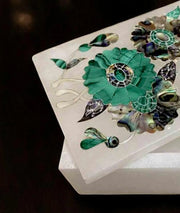 Handmade White Marble Jewelry Box: Floral Inlay, Malachite & Abalone Stone