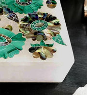 Handmade White Marble Jewelry Box: Floral Inlay, Malachite & Abalone Stone