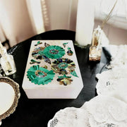 Handmade White Marble Jewelry Box: Floral Inlay, Malachite & Abalone Stone